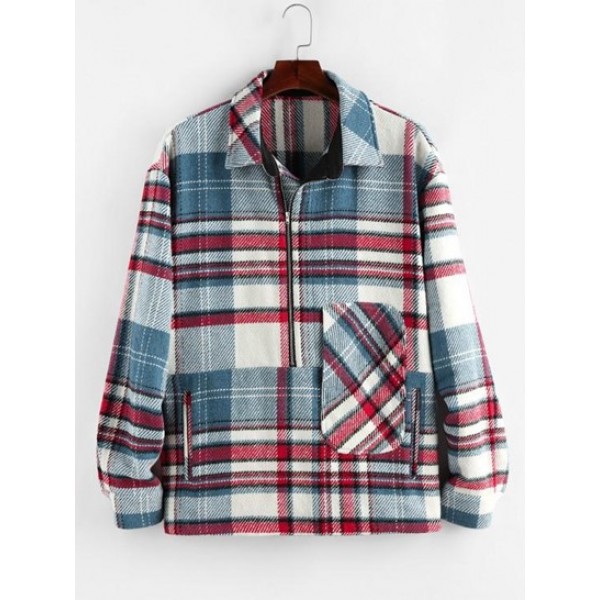 Plaid Print Half Zip Wool Blend Jacket Plaid Print Half Zip Wool Blend Jacket