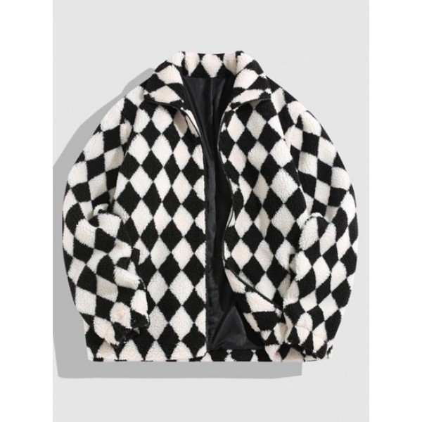 Rhombus Pattern Zip Up Fluffy Fleece Fau... Rhombus Pattern Zip Up Fluffy Fleece Fau...