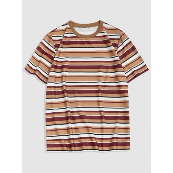 Striped Print Ribbed Collar Casual T-shi... Striped Print Ribbed Collar Casual T-shi...