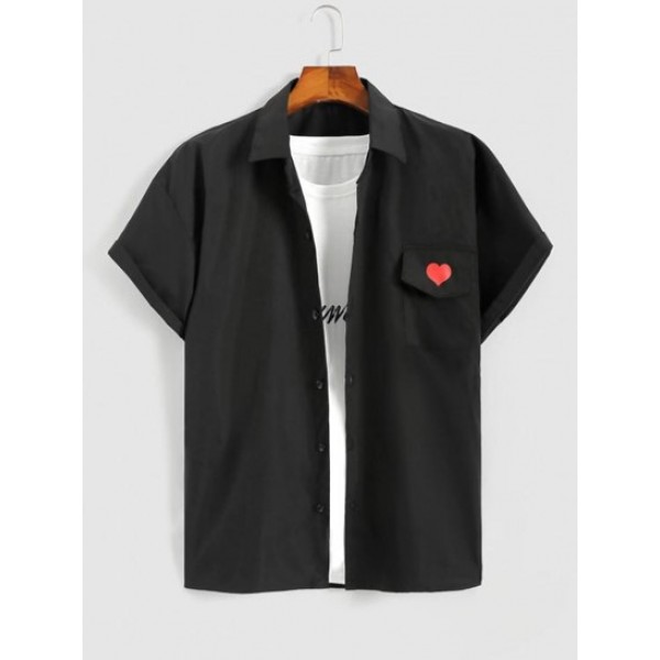 Heart Print Flap Pocket Short Sleeve Shi...