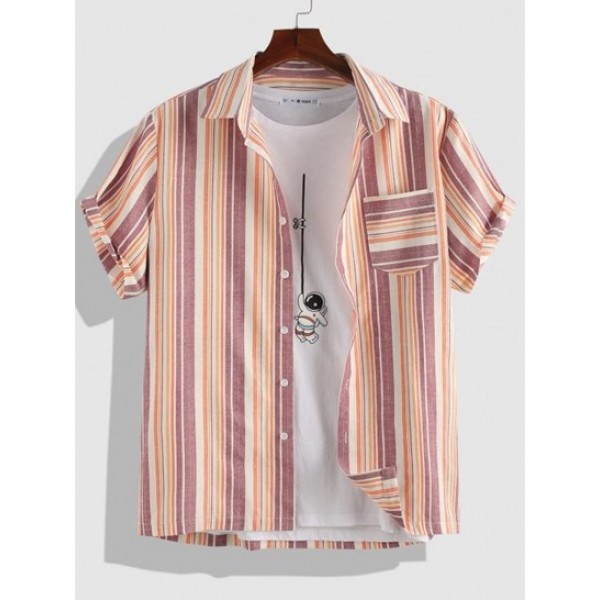 Button Up Stripe Print Short Sleeve Shir...