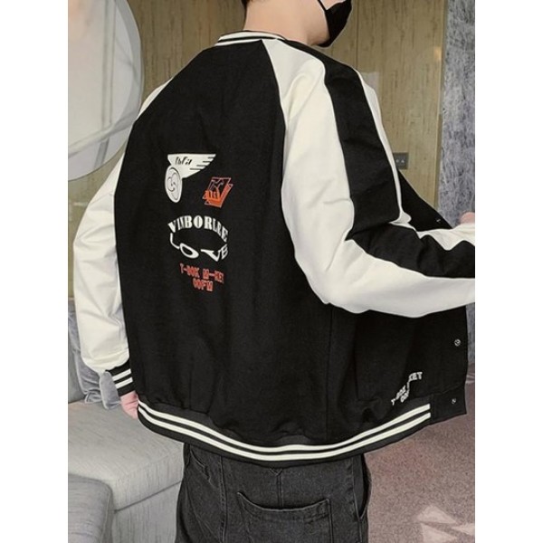 Striped Two Tone Snap Button Graphic Baseball Varsity Jacket Striped Two Tone Snap Button Graphic Baseball Varsity Jacket