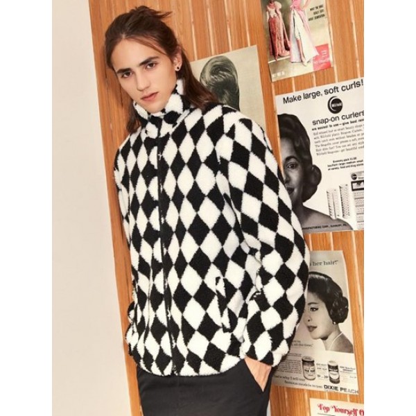 Rhombus Pattern Zip Up Fluffy Fleece Faux Shearling Jacket Rhombus Pattern Zip Up Fluffy Fleece Faux Shearling Jacket