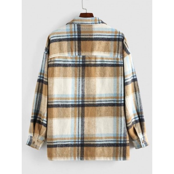 Plaid Printed Double Pockets Wool Blend Shacket Plaid Printed Double Pockets Wool Blend Shacket