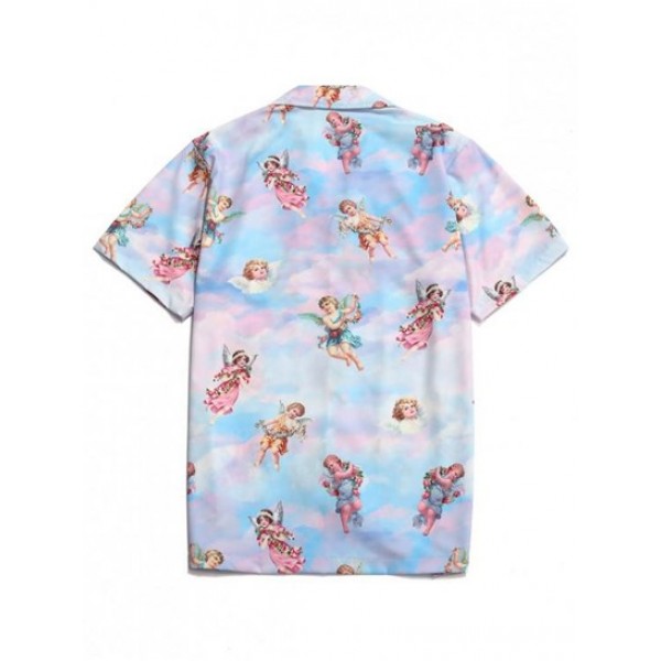 Renaissance Art Paradise Floral Angel Print Beach Button Up Shirt Renaissance Art Paradise Floral Angel Print Beach Button Up Shirt