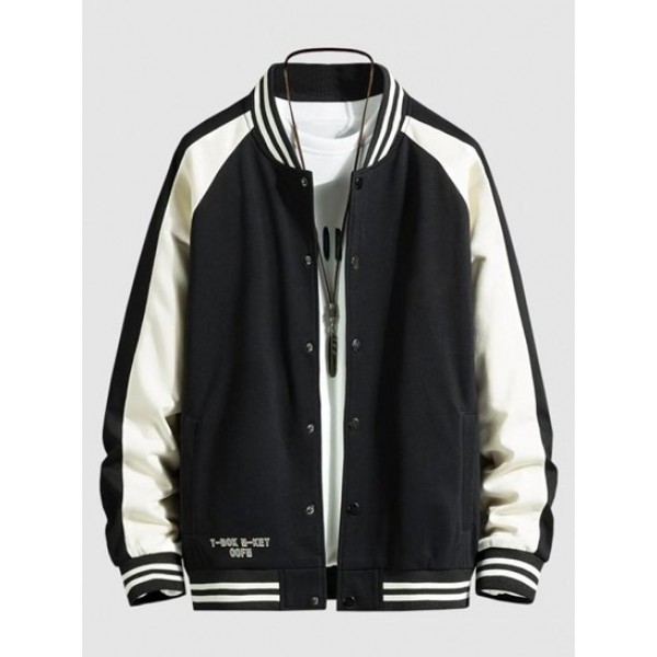 Striped Two Tone Snap Button Graphic Baseball Varsity Jacket Striped Two Tone Snap Button Graphic Baseball Varsity Jacket