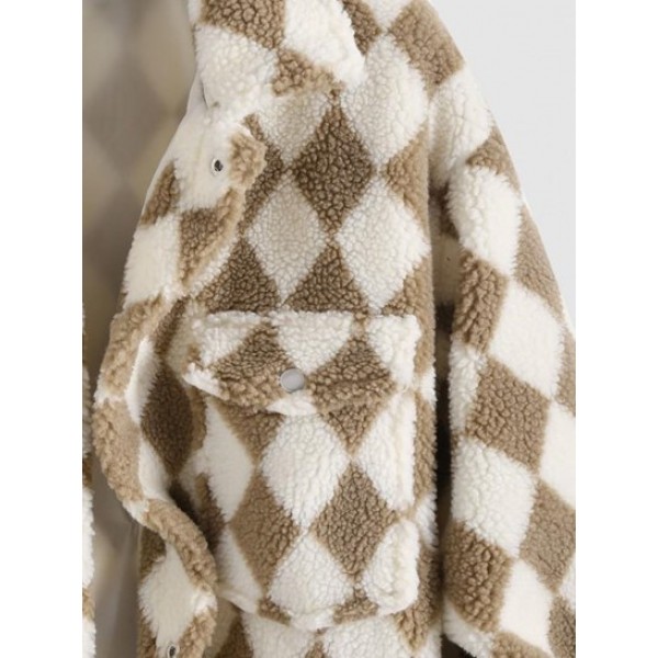 Rhombus Pattern Fluffy Faux Shearling Shacket Rhombus Pattern Fluffy Faux Shearling Shacket
