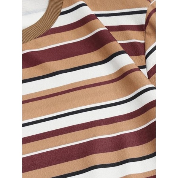 Striped Print Ribbed Collar Casual T-shirt Striped Print Ribbed Collar Casual T-shirt