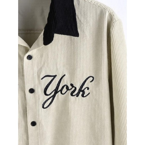 Color Spliced Letter New York Embroider Corduroy Shirt