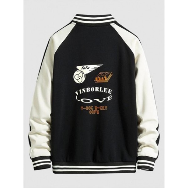 Striped Two Tone Snap Button Graphic Baseball Varsity Jacket Striped Two Tone Snap Button Graphic Baseball Varsity Jacket